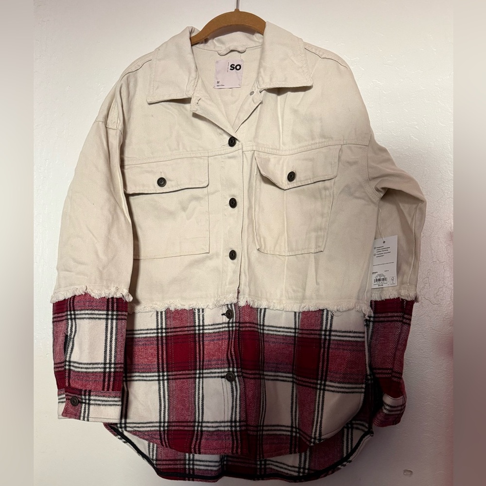 🌻 SO Denim and Plaid Mixed Media Shacket NWT - Picture 3 of 3